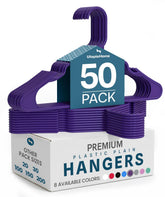 Utopia Home front pack of 50 purple hangers showing neat storage benefit