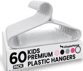 Utopia Home front packaging showing 60 white kids hangers and tidy storage benefit