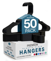 Utopia Home front view of black hanger pack showing neat uniform closets benefit