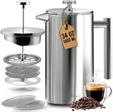 Utopia Kitchen stainless steel French press front view showing durable finish and capacity benefit