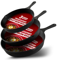 Utopia Kitchen front view of three-piece skillet set showing sizes and packaging benefit