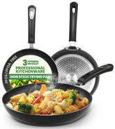 Utopia Kitchen front view of three grey nonstick pans showing full set benefits