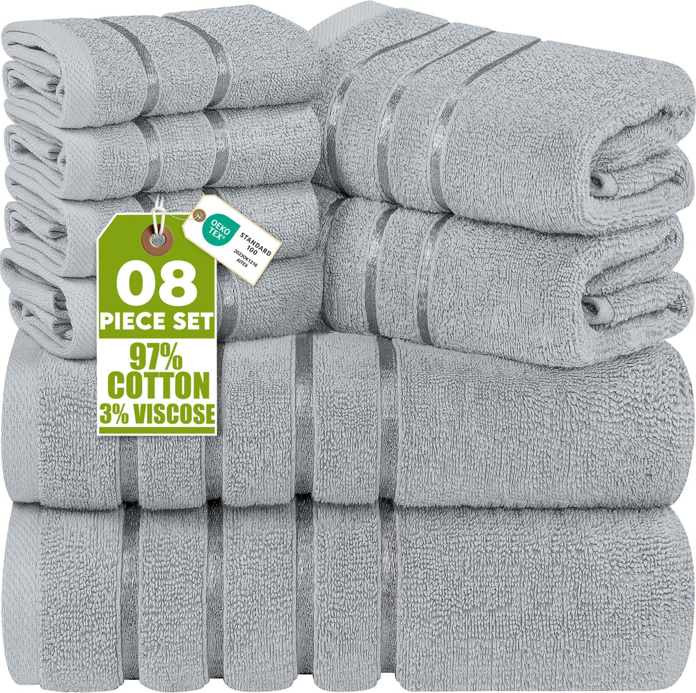 Utopia Towels front packaging showing cool grey set and neat fold for easy unpacking
