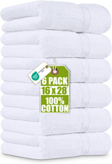 Utopia Towels front packaging showing six white hand towels and clear set benefit