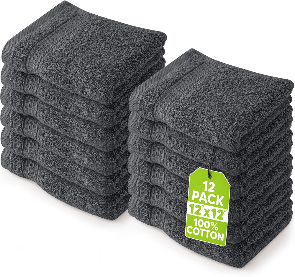 Utopia Towels stacked grey washcloths showing neat pack and absorbency benefit