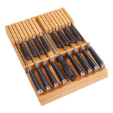 Utoplike bamboo in-drawer block front view showing organized knife storage benefit