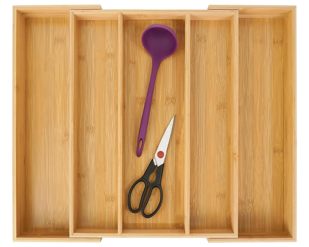 Utoplike bamboo organizer front view showing tidy compartments and natural finish