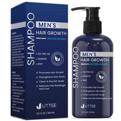 uttse shampoo front packaging showing label and dark blue bottle, promotes thicker hair