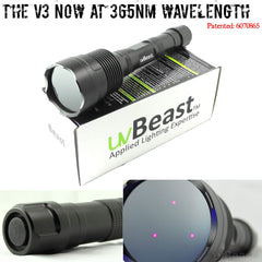 uvBeast V3 triple LED close-up showing filtered optics, precise 365nm output