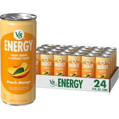 V8 Peach Mango front can showing branding and fruity appeal, highlighting refreshment