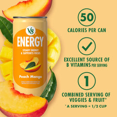 V8 Peach Mango poured into glass, showcasing color and ready-to-drink refreshment