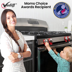 Vadiff installed on stove knob preventing accidental turn for child safety