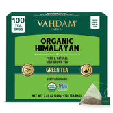 VAHDAM front packaging of Himalayan green tea showing 100-count, sustainable benefits