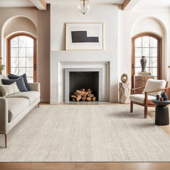Valenrug front view in living room showing full rug and calming beige tone benefit: anchors space