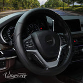 Valleycomfy front view of steering cover showing clean black finish and fit benefit