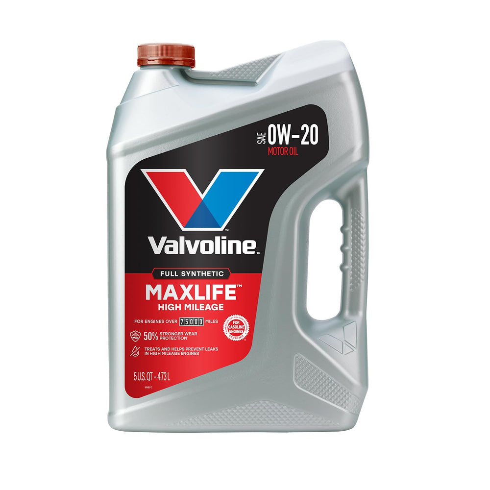 Valvoline 0W-20 5 QT bottle front view showing brand and easy pour benefits
