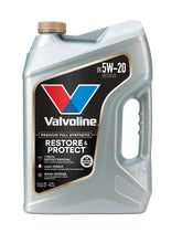 Valvoline Restore & Protect 5W-20 front jug showing branding and capacity benefit