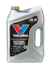 Valvoline Restore & Protect 5W-20 front jug showing branding and capacity benefit