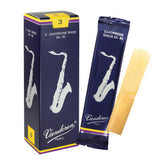Vandoren box front view showing brand and five sealed tenor reeds benefits clarity
