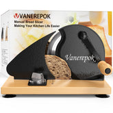 vanerepok front view showing compact bread slicer and wooden base for stable cutting