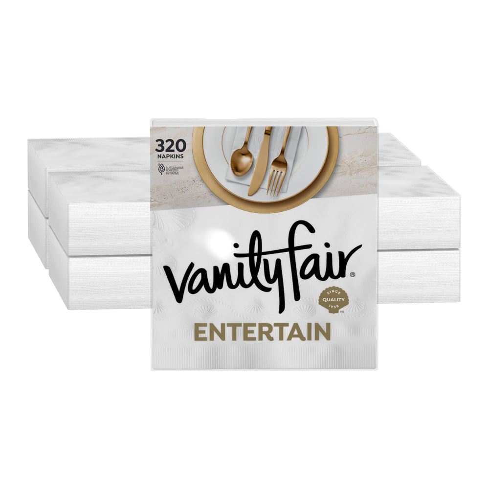 Vanity Fair front pack showing 320-count napkins and product branding for easy storage
