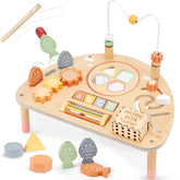 Vanplay front view of wooden activity table showing all eight stations and sturdy build