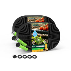 Vantigreen front packaging showing two 50ft flat soaker hoses and benefits