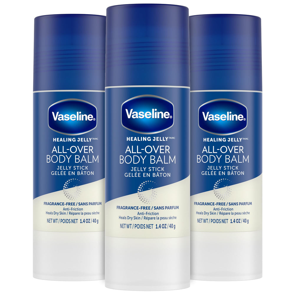 Vaseline front packaging showing three fragrance-free balm sticks for travel convenience