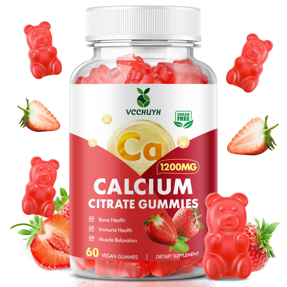 VCCHUYH front packaging showing bottle and strawberry flavor, clear benefit of easy daily calcium