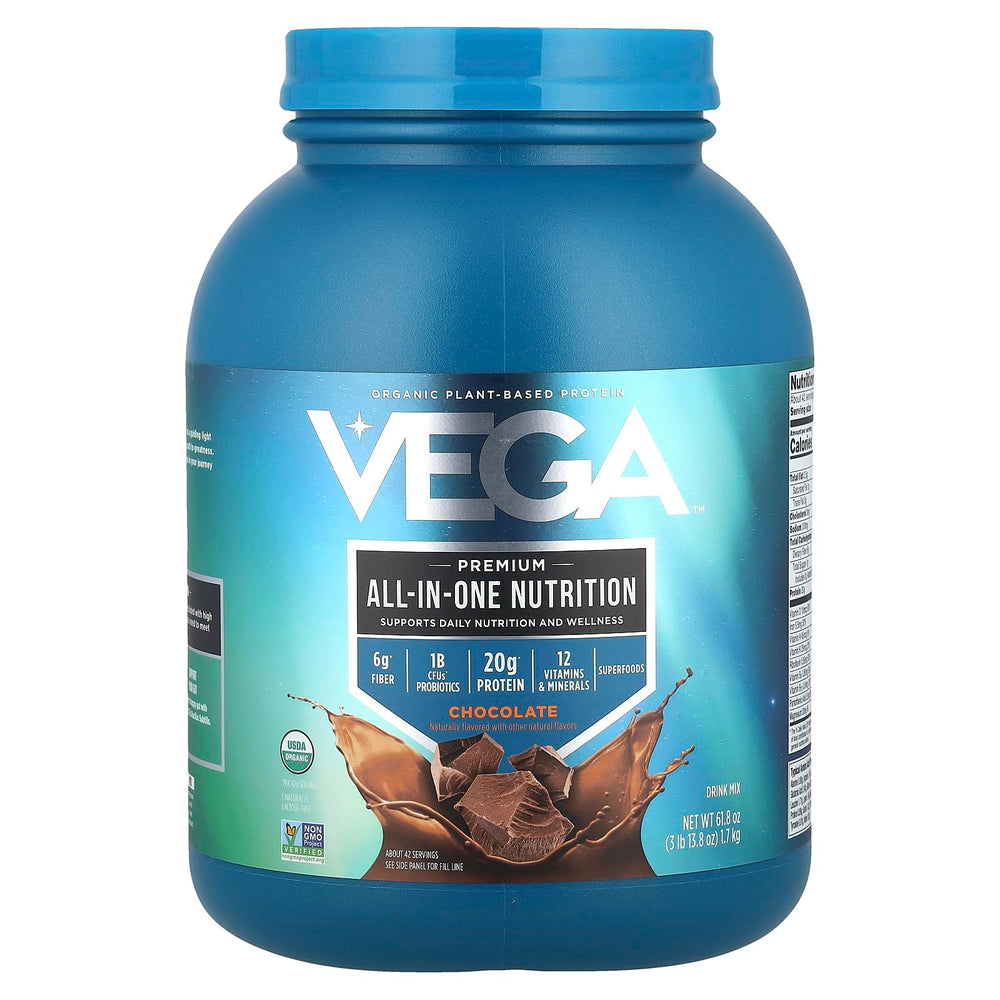 Vega front tub showing chocolate label and serving info for easy pantry choice