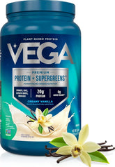 Vega tub front view showing creamy vanilla flavor and clean ingredients benefit