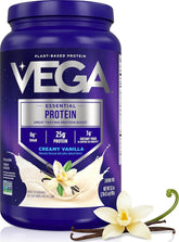 Vega front-facing tub showing label and creamy vanilla benefits