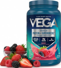 Vega front packaging showing berry tub and clear product benefits