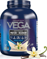Vega tub front showing product name and vanilla flavor, promotes clean recovery