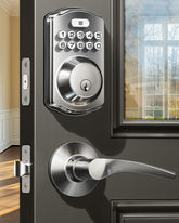 Veise front view satin nickel showing keypad and lever, secure exterior design