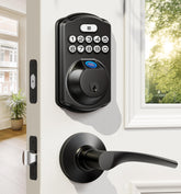 Veise front view showing matte black lock and dual lever handles for stylish security