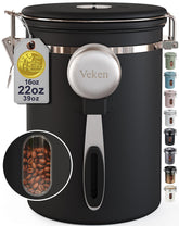 Veken stainless steel canister front view showing sleek finish and compact size