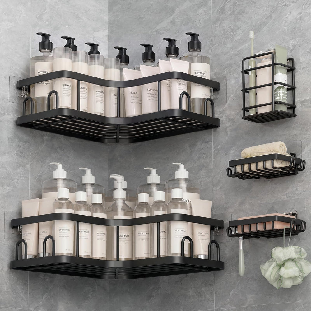 Veken front view showing full L-shaped shelf organizing bottles