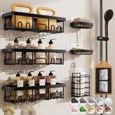 Veken front view of six-piece black shower caddy set showing organized storage benefit