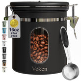 Veken front view stainless canister shows compact storage benefit