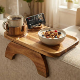 Vellabliss front view acacia armrest tray shows stable surface and elegant finish