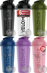 VELOMIX front view of six-pack shakers showing colors and labels, convenient set