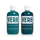 VERB front packaging of hydrate shampoo and conditioner shows clean design and benefits