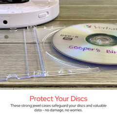 Verbatim slim jewel case label close-up showing clear cover for easy identification and neat organization