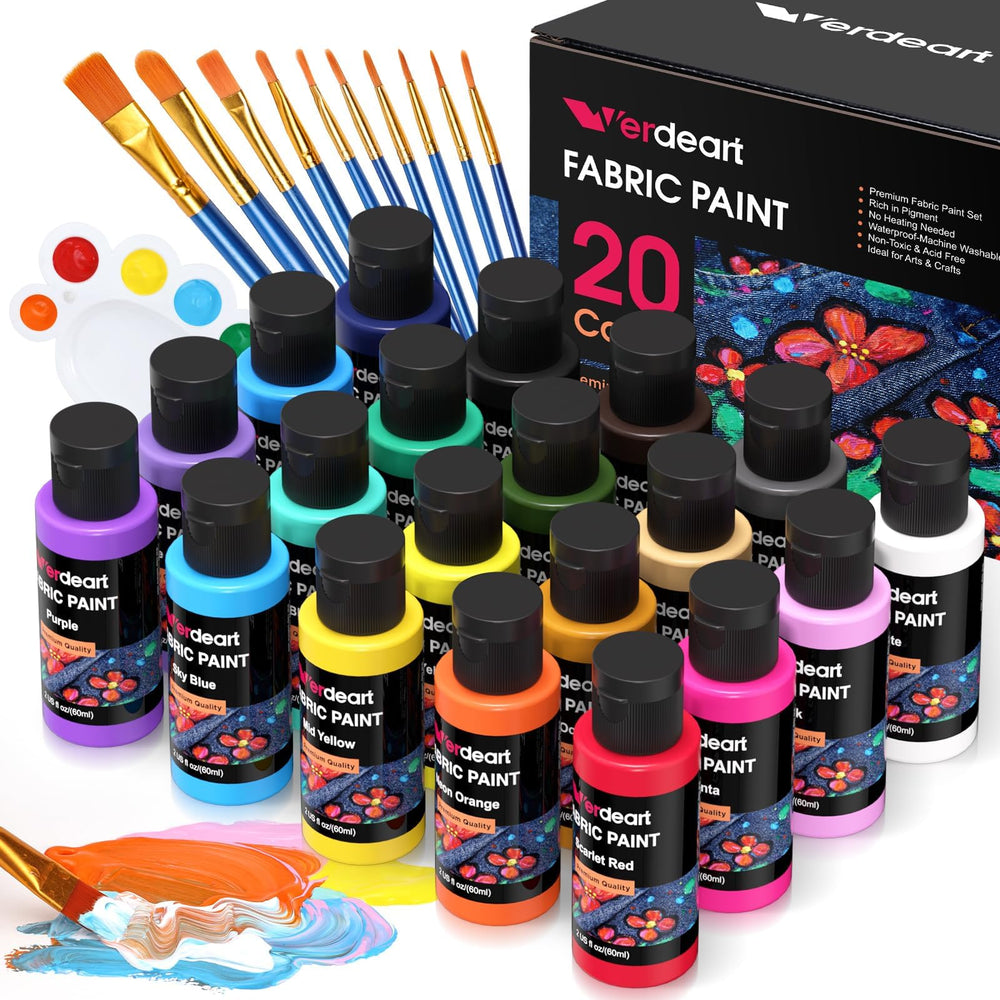 Verdeart front packaging showing 20 paint bottles and included tools, perfect for beginners