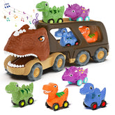 Veslier front packaging showing truck and four dino cars, highlights gift-ready appeal