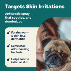 Vetnique Dermabliss being sprayed on a dog paw to reduce licking and irritation
