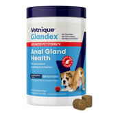 Vetnique Glandex Advanced Strength front packaging showing bottle and label benefits