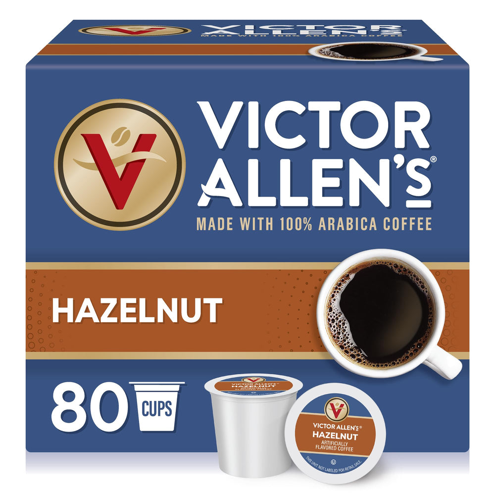 Victor Allen's front box showing 80 pods and hazelnut flavor benefit