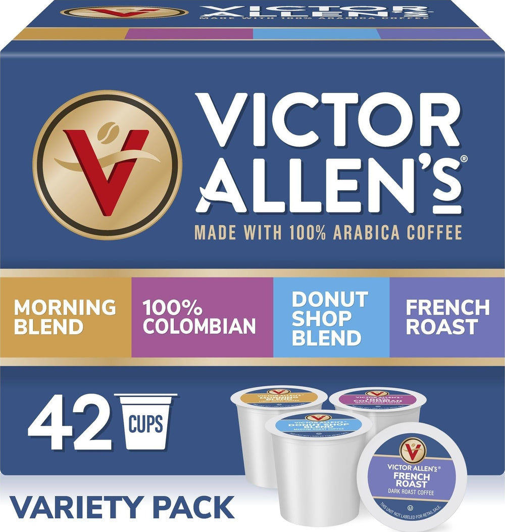 Victor Allen's Coffee front box showing all four blends and variety convenience